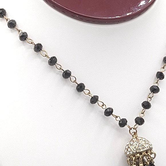 Womens Gold Tone Metal and Black Beaded Fashion Necklace Tassel Pendant 24 in - Picture 5 of 9